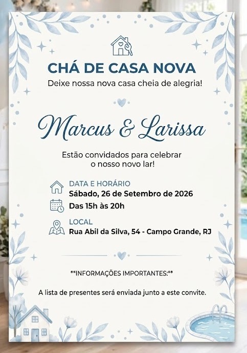 Convite do chá de casa nova de Marcus e Larissa, com data, horário e endereço do evento